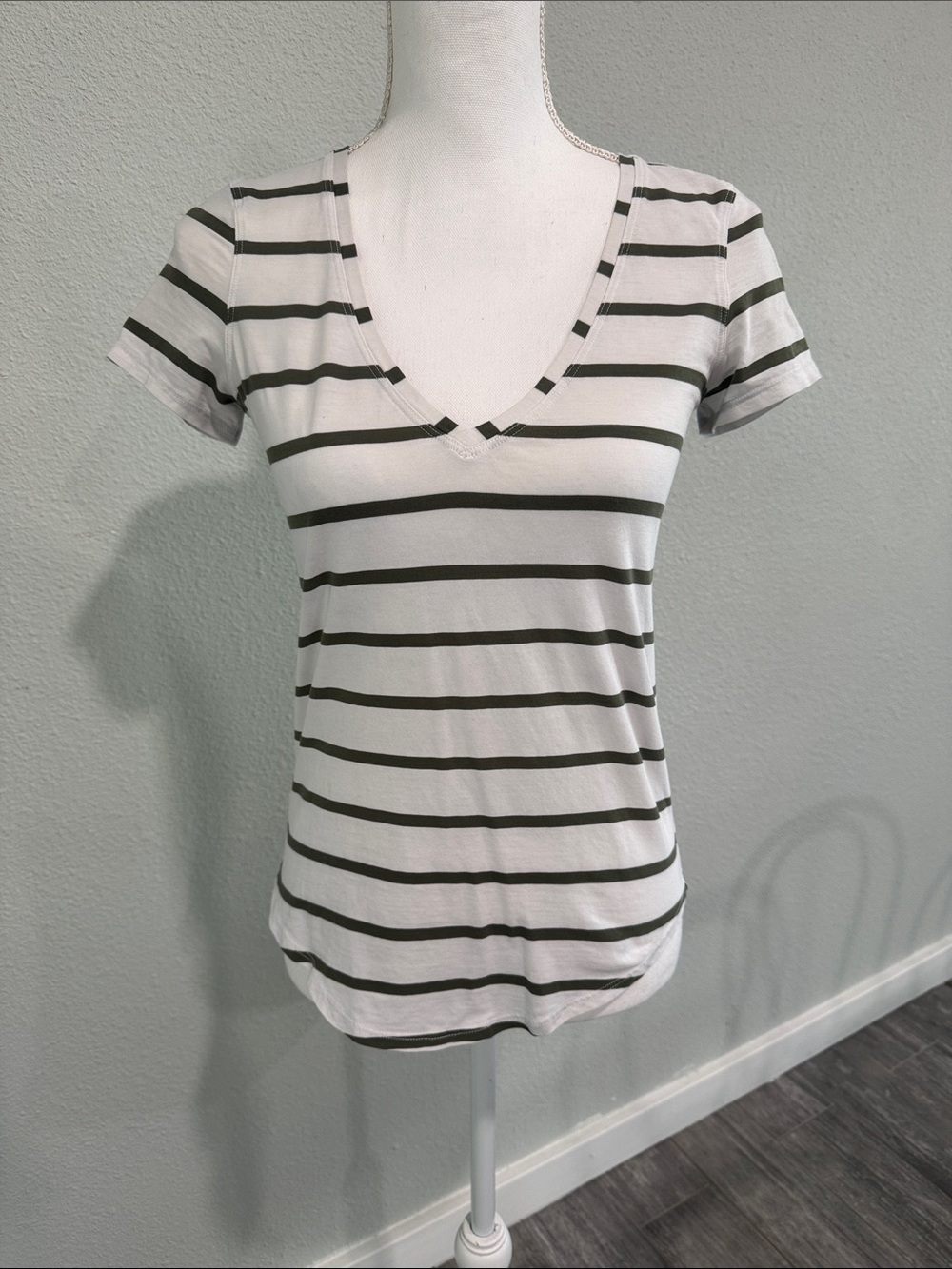 lululemon athletica White V-Neck Tee with Olive Stripes